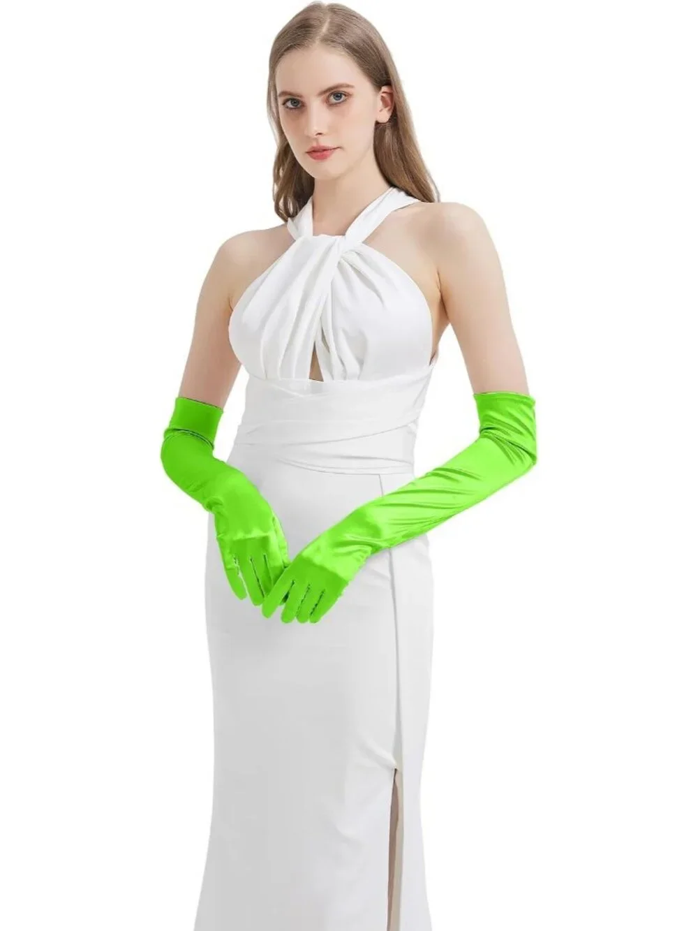 Women's Neon Green Satin Opera Elbow Length 1920s Flapper Long Gloves Party